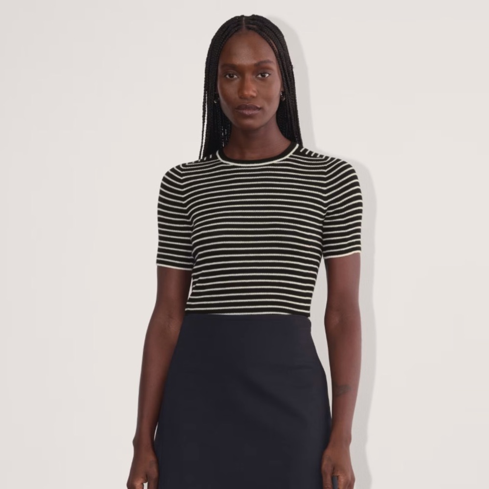 Everlane 100% Merino Wool Black and White Striped Short Sleeve Tee
